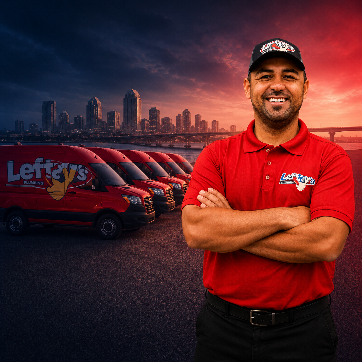 Rafael, owner of Lefty's Plumbing, with branded service trucks and the San Diego skyline